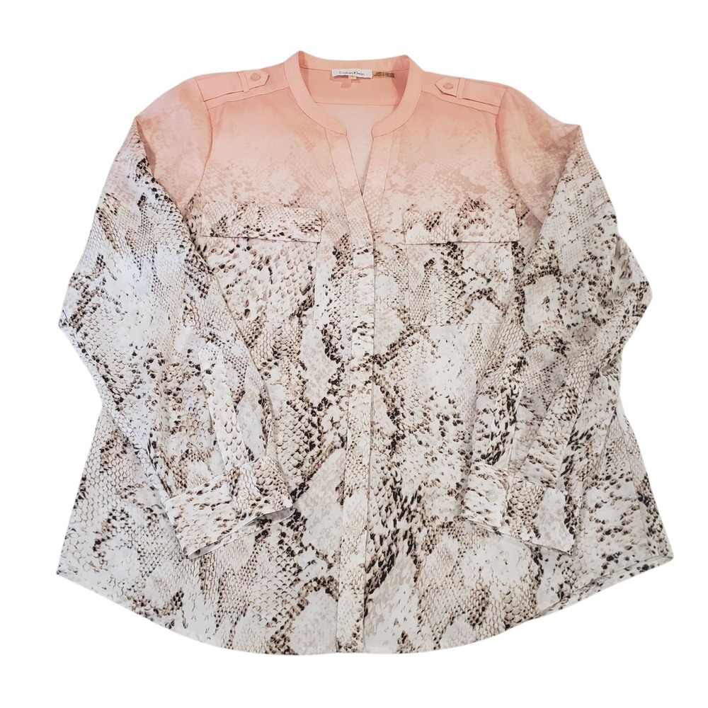 Calvin Klein‎ Blouse Top Womens Peach White L  Animal Print Long Sleeve V Neck